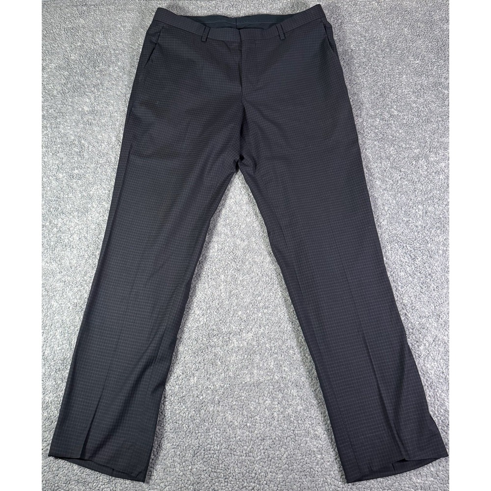 Hugo Boss Genius Pants Mens 34X30 Slim Fit Blue Check Virgin Wool Dress Trousers